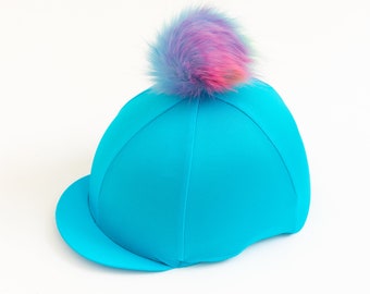 Turquoise Riding Hat Cover with Unicorn Pom Pom