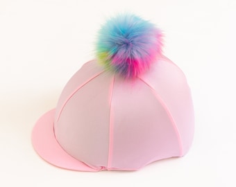 Riding Hat Cover in Baby Pink with Unicorn Pom