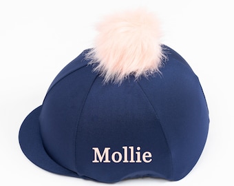Navy Blue Riding Hat Cover with Choice Of Very Fluffy Pom Pom