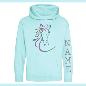 Shimmering Rainbow Personalised Horse Design Hoody Peppermint