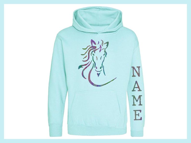 Shimmering Rainbow Personalised Horse Design Hoody Peppermint