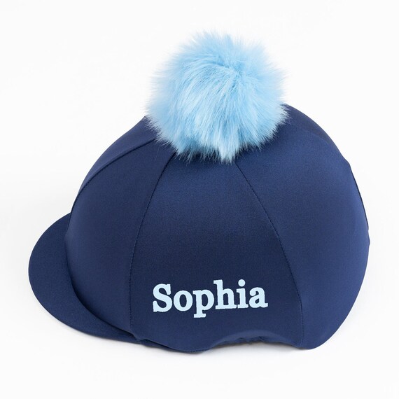 Navy Blue Riding Hat Cover with Very Fluffy Pom Pom