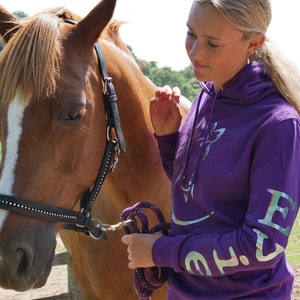 Sweat à capuche personnalisé motif cheval arc-en-ciel scintillant Purple