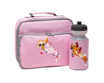 Pink Floral Horse Design Lunch Bag and Water Bottle Set