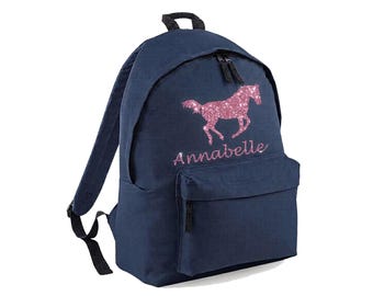 Personalised Glitter Horse Backpack | Custom Name School Bag, Equestrian Gift