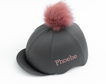 Personalised Riding Hat Silk in Grey with Rose Gold Pom