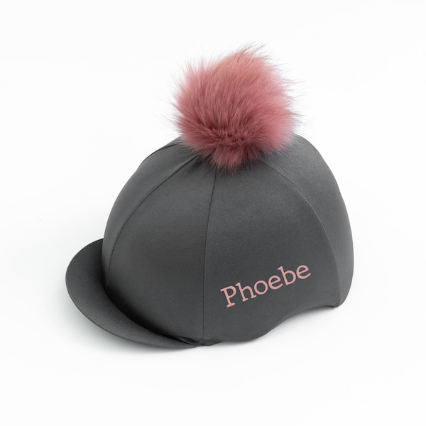 Personalised Riding Hat Silk in Grey with Rose Gold Pom