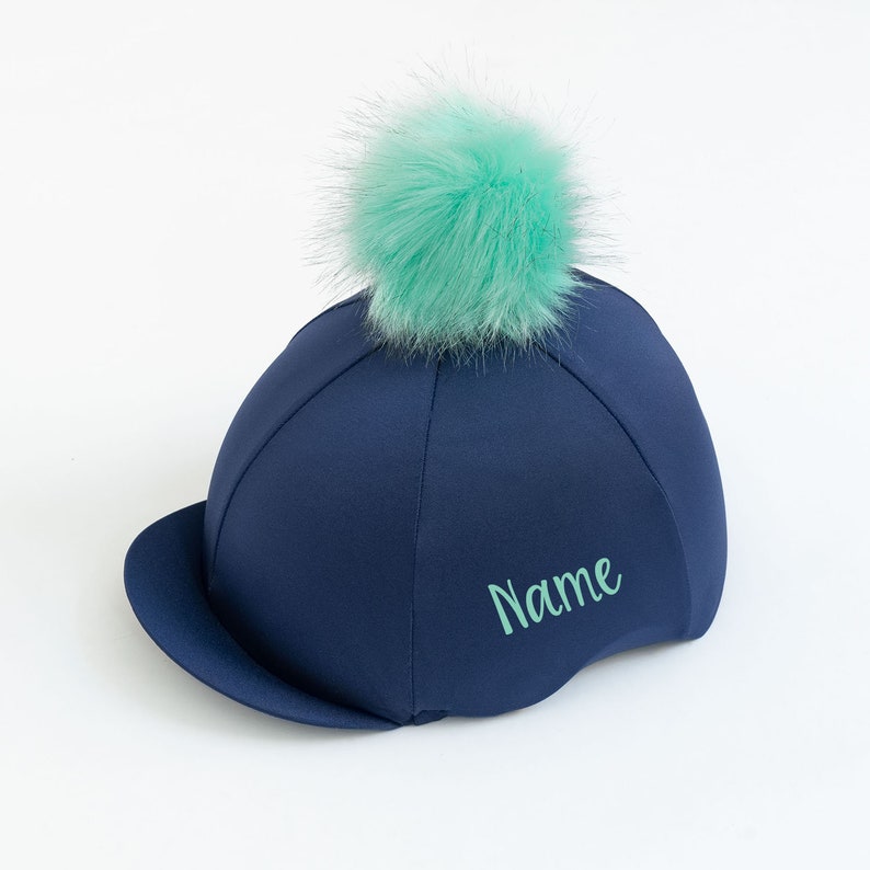Navy Blue Riding Hat Cover with Choice Of Very Fluffy Pom Pom image 9