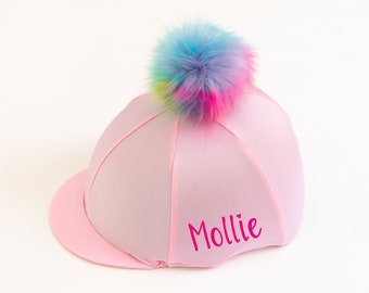 Riding Hat Cover in Baby Pink with Unicorn Pom