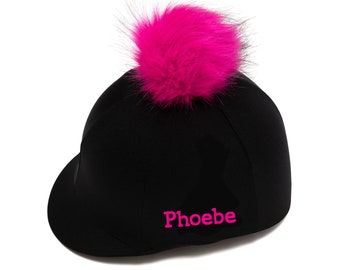 Black Riding Hat Cover with Hot Pink Fluffy Pom