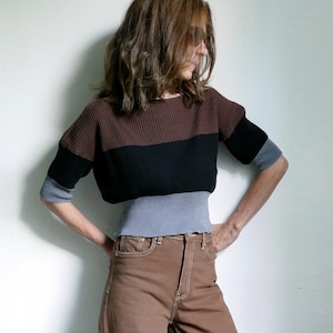 knit  crop color block cotton pullover sweater,black-brown-gray