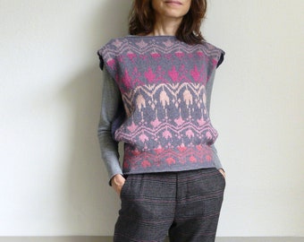 knit  jacquard sleeveless sweater vest,gray, pink