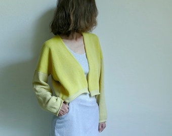 knit yellow open front cropped cardigan sweater, merino -cotton
