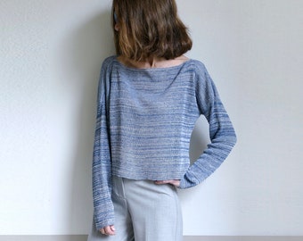 stickad linne blåvit beskuren pullover,