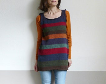 knit striped tunic, sweater vest ,blue,green,red,wool-made to order