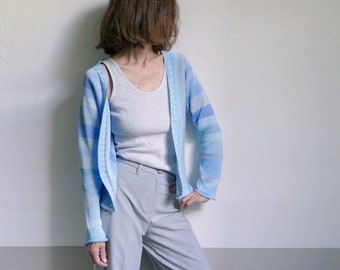 knit pale blue striped open front cardigan,