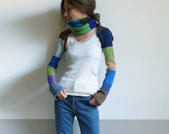 knit striped colorful scarf with sleeves,soft,warm