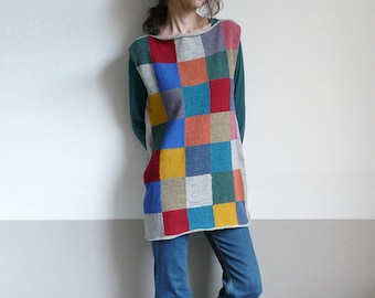 knit sweater tunic, mini dress, sleeveless multicolor squares, gray
