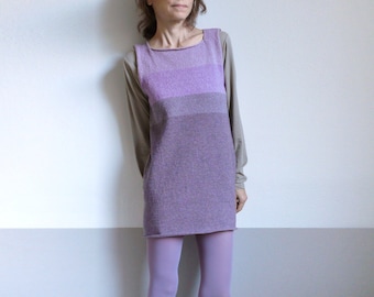 knit gray violet striped tunic, mini dress, wool,silk ,color block