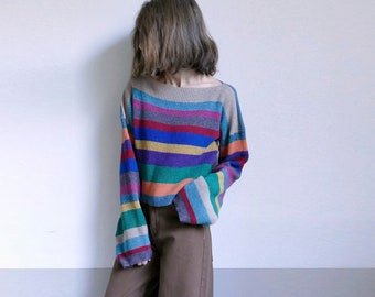 knit striped cropped multicolor sweater merino-cotton