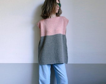 knit gray red sleeveless oversize tunic, wool long vest