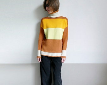 knit cotton color block  turtleneck sweater