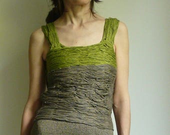 tank ,top , dark grey , green, sewn from linen blend ribbon yarn
