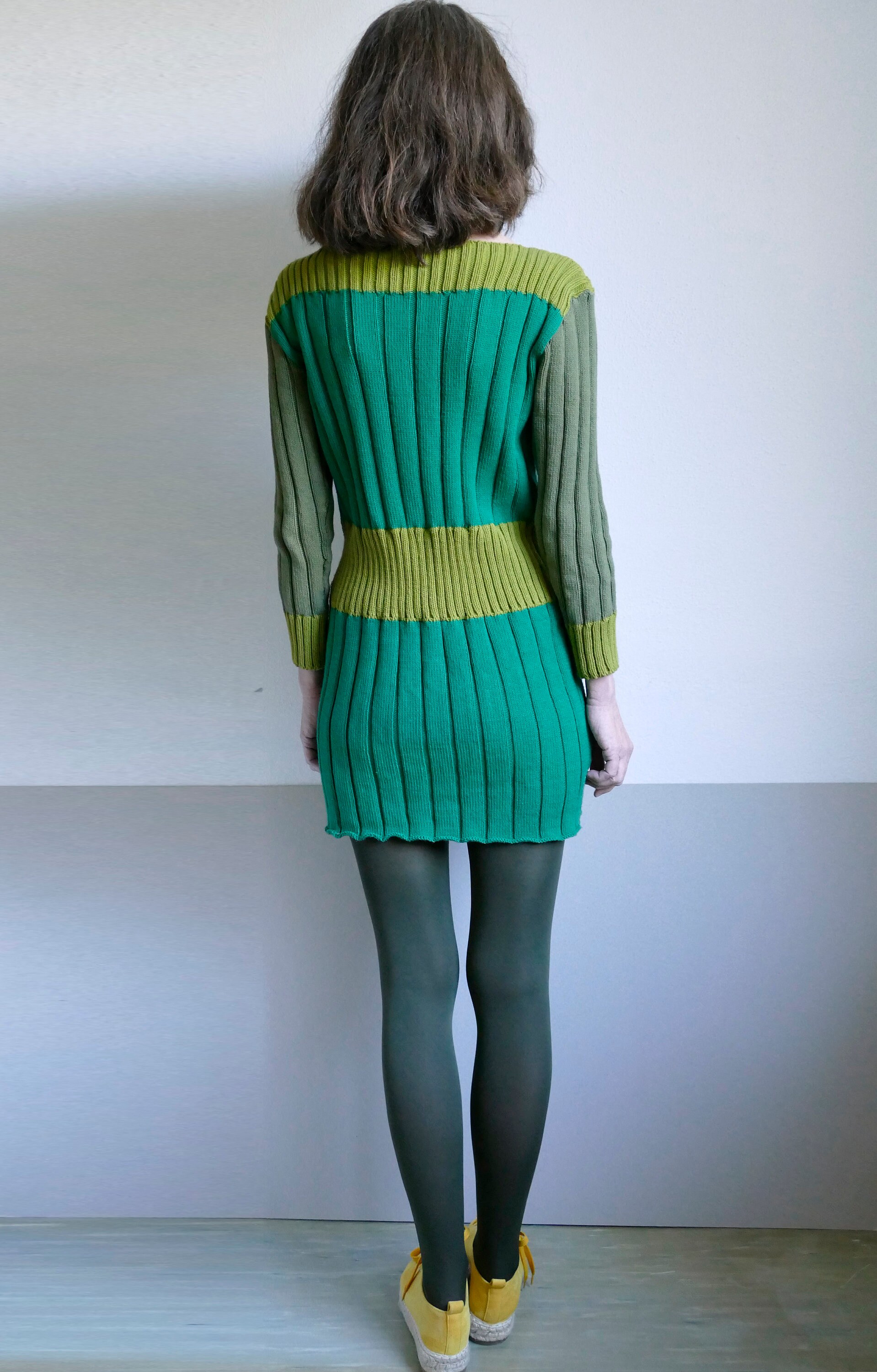 Knit Green Color Block Mini Dress, Long Sweater