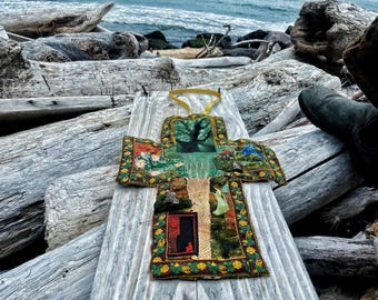 Altar de Bolso da Floresta | Pedra do Homem Verde, Árvore Tecida, Arte Popular da Raposa e do Coelho | Santuário de Tecido Feito à Mão | Coleção Os Elementos