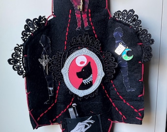 Hecate Pocket Altar — Handmade Wall Hanging, Triple Goddess Shrine with Black Dog Pin, Crystal and Candle, Portable Altar for Purse or Wall