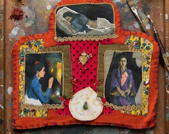 Frida Kahlo Pocket Altar | Artist Muse Fabric Shrine | Handmade Textile Collage Wall Hanging | Jupiter Cazimi Made