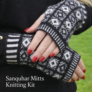 Kit de punto Scotland Sanquhar - Manoplas sin dedos - con patrón impreso e hilo de lujo.