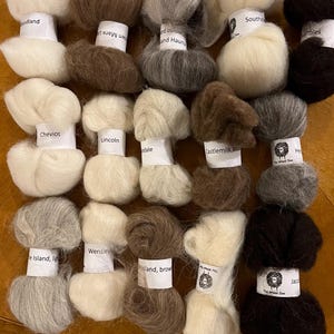 Puede incluir: Una colección de madejas de lana de varios colores, incluyendo blanco, marrón, gris y negro. Cada madeja tiene una etiqueta con un nombre, como "Woodland" y "Cheviot". La lana es esponjosa y parece estar hecha de lana.