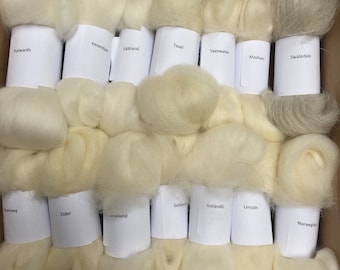 Spinning Sample Box No. 1 = 14 Different Wool Sheep Combed Tops over 150g