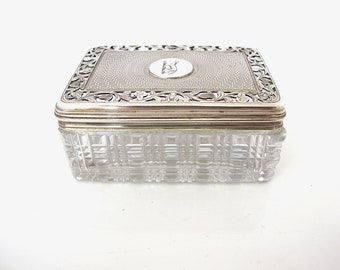Rectangular silver-mounted cut crystal dressing table jar with pierced lid George Reid London 1830