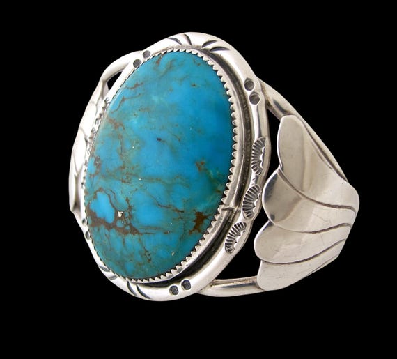 VINTAGE 60s〜70s Navajo Turquoise Bangle Large 60s Vintage Navajo Sterling Silver Blue Turquoise Leaf