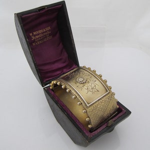 Gorgeous Victorian silver-gilt cuff bangle in original box c 1880