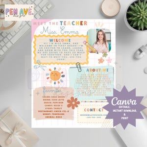 May include: A Meet the Teacher flyer template featuring a grid background, pastel accents, and sections for a welcome message, personal bio, favorites list, and contact information. It includes a photo placeholder, a pencil icon, and text.