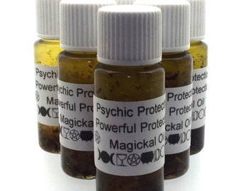 May include: Five small glass bottles filled with a dark liquid and topped with white caps. Each bottle has a label with the words "Psychic Protection Powerful Magickal Oil" and various symbols. The bottles are arranged in a triangular formation.