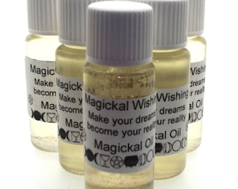 May include: Six small glass bottles with white lids and labels. The labels have a gold glitter background and text that reads "Magickal Wishing Oil Make your dreams become your reality".