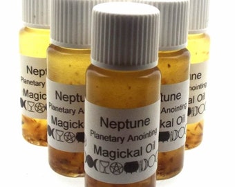 May include: Five small glass bottles with white lids and labels. The labels are white with black text and symbols. The bottles contain a clear liquid with small, light brown particles. The labels read "Neptune Planetary Anointing Magickal Oil".