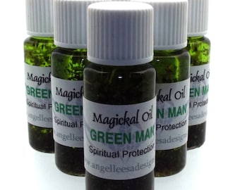 May include: Six small glass bottles with white lids filled with a dark green liquid. The bottles have labels that say "Magickal Oil Green Man Spiritual Protection" and "www.angelleesadesigns.com".