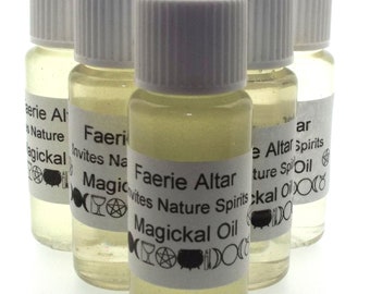 May include: Six small glass bottles with white lids and labels. The labels are white with black text that reads "Faerie Altar Invites Nature Spirits Magickal Oil". The bottles contain a clear liquid.