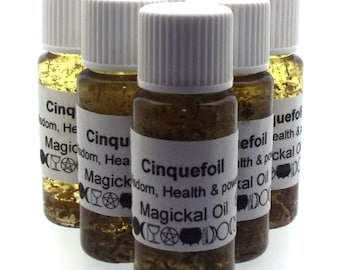 May include: Five small glass bottles filled with a clear liquid and herbs. Each bottle has a white label with black text that reads "Cinquefoil, Wisdom, Health & Power, Magickal Oil".
