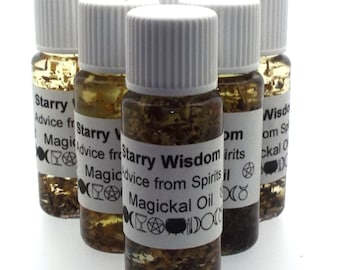 May include: Six small glass bottles with white lids filled with a clear liquid and herbs. The bottles have labels that read "Starry Wisdom Advice from Spirits Magickal Oil".