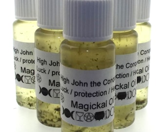 May include: A collection of small glass bottles filled with a yellow liquid and green particles. Each bottle has a white label with black text that reads "High John the Conqueror / Luck / protection / Magickal Oil". The bottles have white caps.