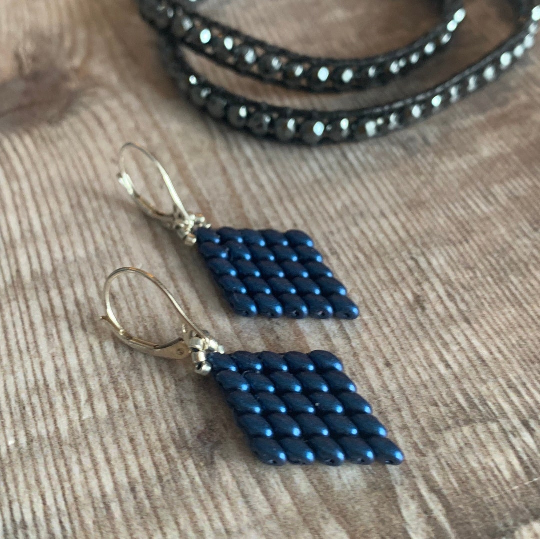 Navy Blue Glass Diamond Shaped Handmade Sterling Silver Earrings, Gift