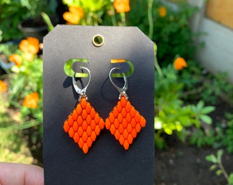 Neon Orange Diamond Shaped Earrings, Orange Glass Earrings, Bright Jewellery, Bold Accessories, Bright Accessories, Neon Jewellery