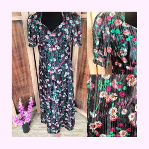 Romantic vintage 1960s, puff sleeve, empire waist, black floral maxi dress