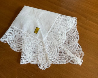 Floral Lace Linen Wedding Hankie White  12” x  12" New